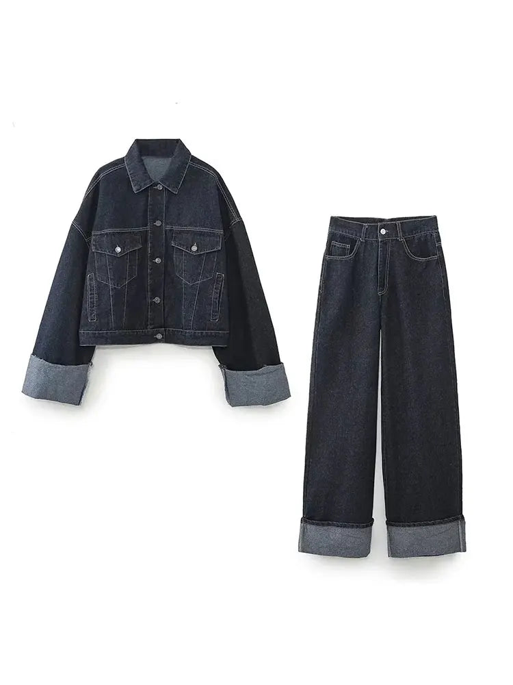 Women’s Cropped Denim Jacket Wide Leg Jeans Set