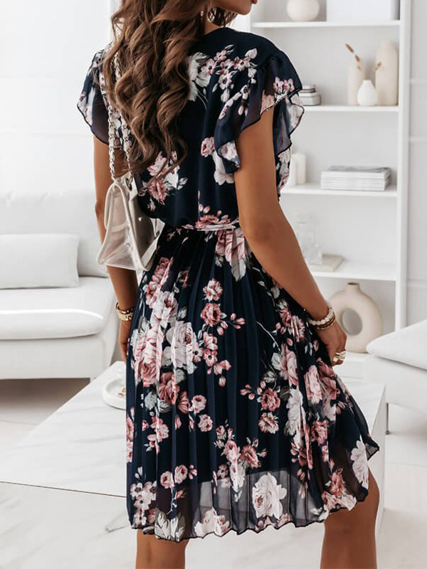 Women’s Floral Midi Dress with Wrap Style and Tie Waist