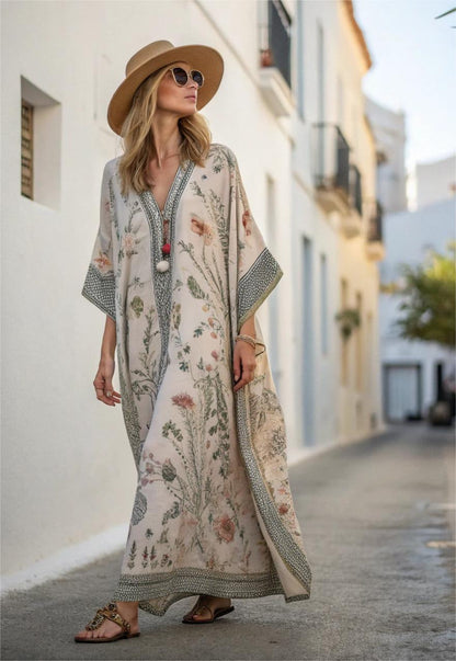 Women’s Caftan Maxi Dress with V Neck and Loose Fit