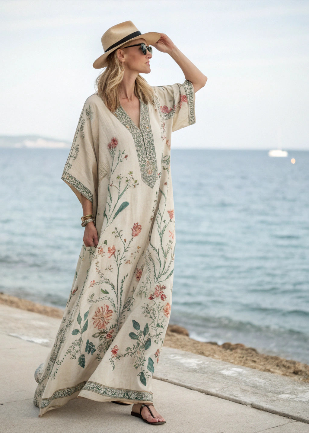 Women’s Caftan Maxi Dress with V Neck and Loose Fit