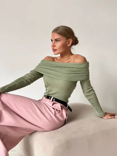 Women Off Shoulder Long Sleeve Ribbed Top