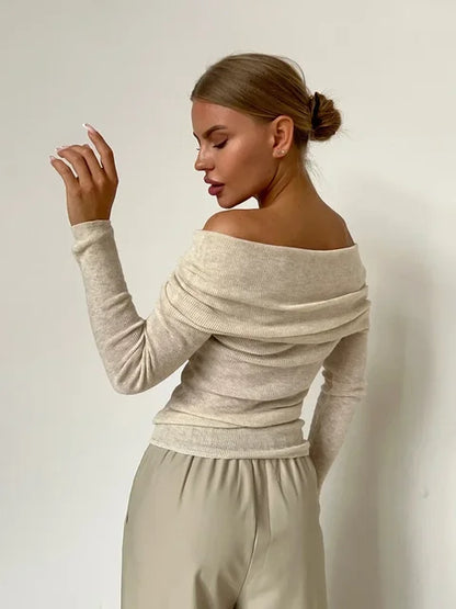 Women Off Shoulder Long Sleeve Ribbed Top