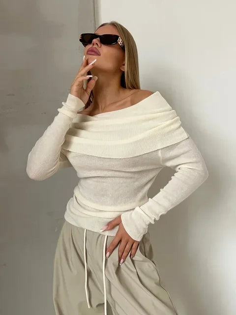 Women Off Shoulder Long Sleeve Ribbed Top