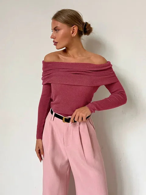 Women Off Shoulder Long Sleeve Ribbed Top