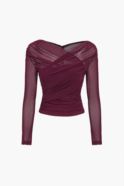 Women’s Ruched Mesh Long Sleeve Crop Top