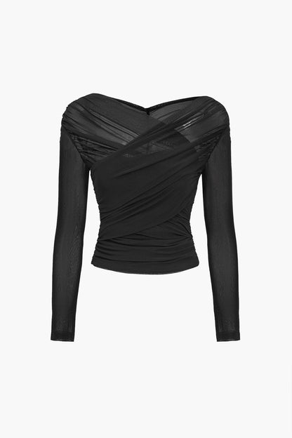 Women’s Ruched Mesh Long Sleeve Crop Top