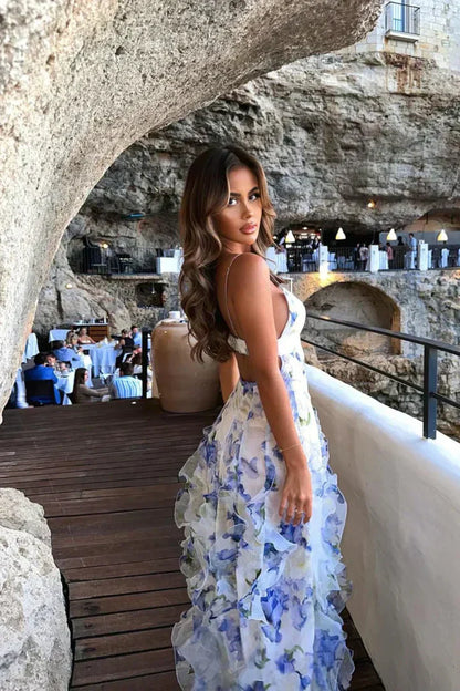 Sleeveless Maxi Dress with Deep V Neck and Layered Skirt