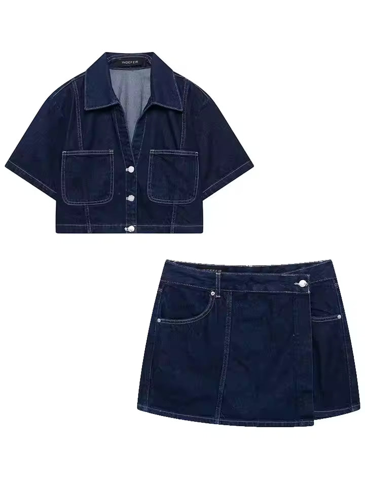 Women Denim Two Piece Set with Cropped Top and Mini Skort
