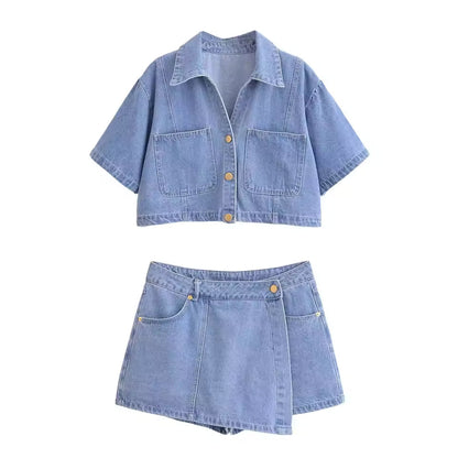 Women Denim Two Piece Set with Cropped Top and Mini Skort