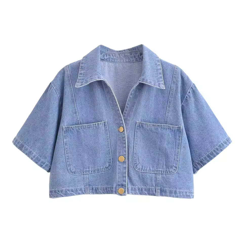 Women Denim Two Piece Set with Cropped Top and Mini Skort