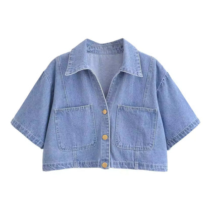 Women Denim Two Piece Set with Cropped Top and Mini Skort