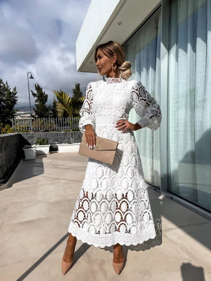 Women’s High Neck Lace Midi Dress with Long Sleeves
