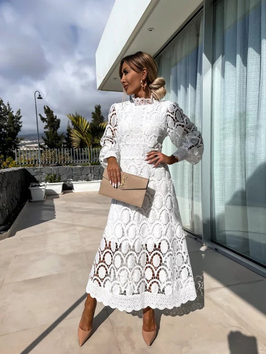 Women’s High Neck Lace Midi Dress with Long Sleeves