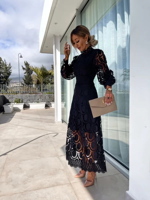 Women’s High Neck Lace Midi Dress with Long Sleeves