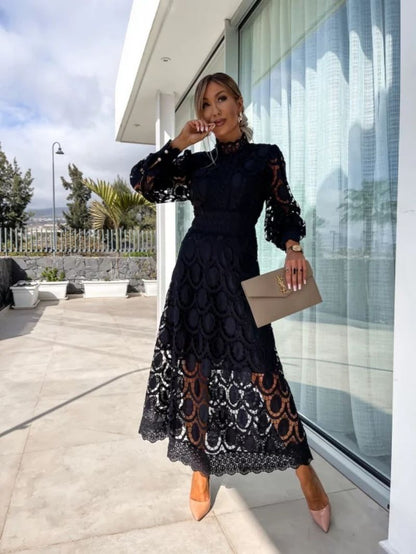 Women’s High Neck Lace Midi Dress with Long Sleeves