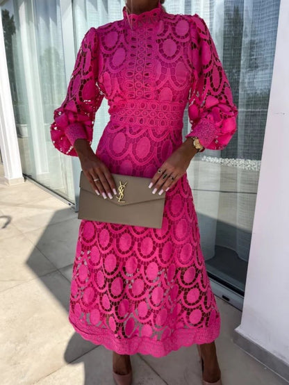 Women’s High Neck Lace Midi Dress with Long Sleeves