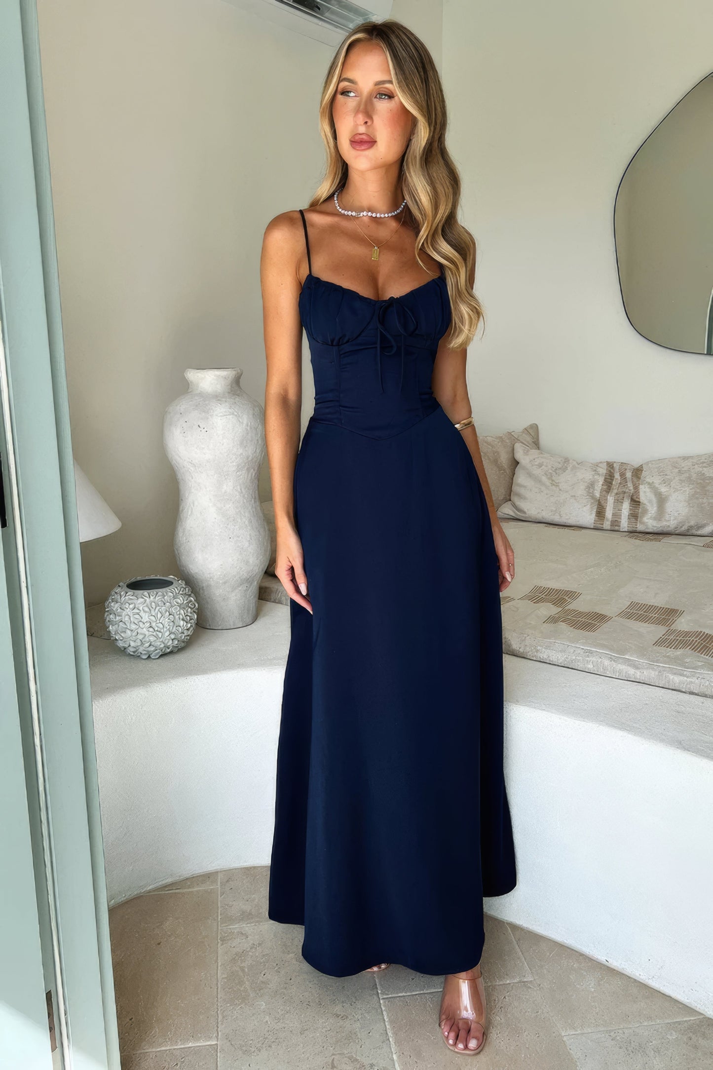 Women Sleeveless Maxi Dress with Ruched Front Detail
