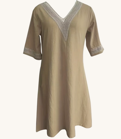 Women’s Midi Dress with V-Neckline and Lace Detail