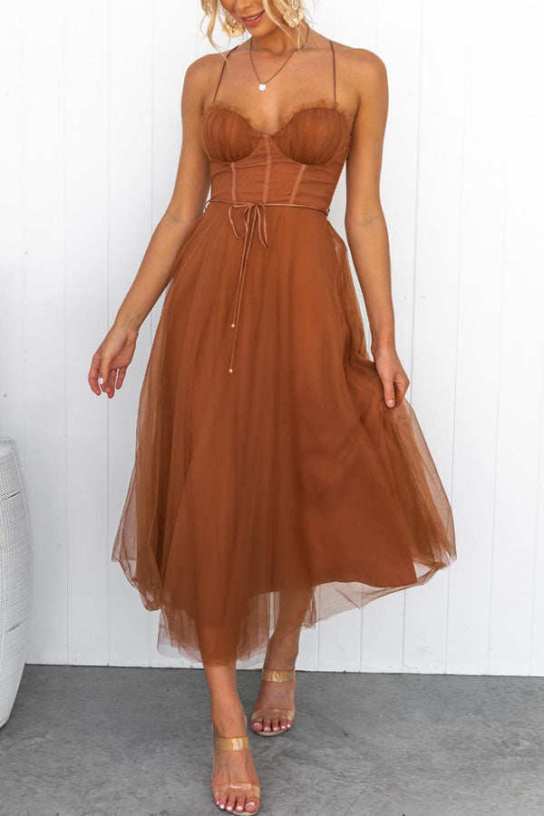 Women’s Corset Midi Dress with Tulle Skirt and Spaghetti Straps