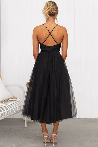 Women’s Corset Midi Dress with Tulle Skirt and Spaghetti Straps