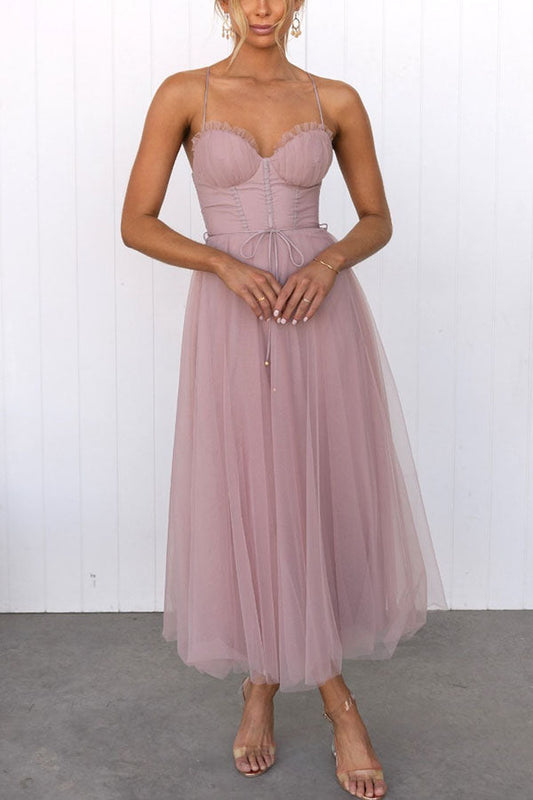 Women’s Corset Midi Dress with Tulle Skirt and Spaghetti Straps