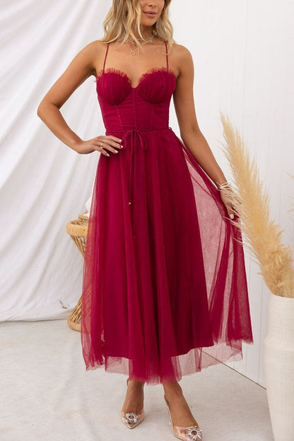 Women’s Corset Midi Dress with Tulle Skirt and Spaghetti Straps