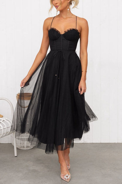 Women’s Corset Midi Dress with Tulle Skirt and Spaghetti Straps