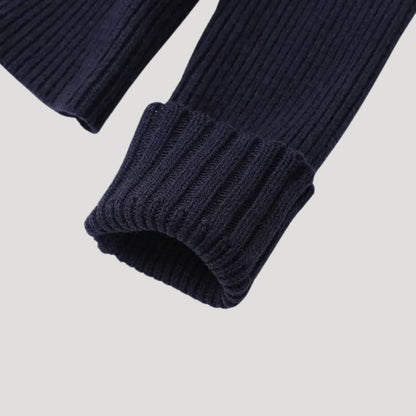 Women’s navy knit cardigan with denim trim