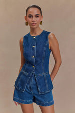 Women’s Denim Two Piece Set with Sleeveless Top and Shorts