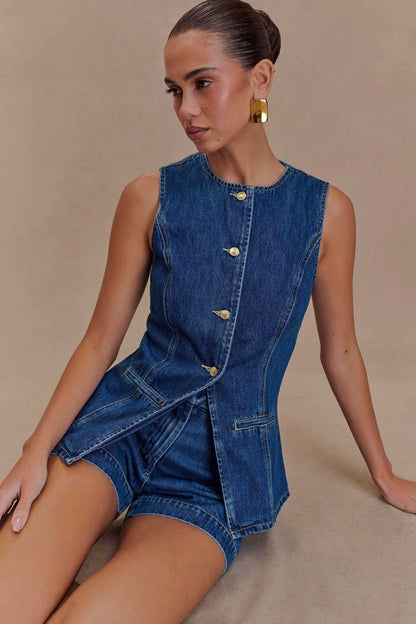 Women’s Denim Two Piece Set with Sleeveless Top and Shorts