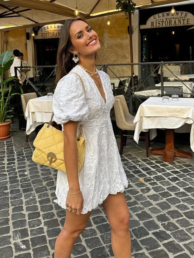 Women’s Embroidered Mini Dress with Short Puff Sleeves