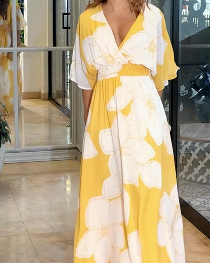 Women’s Floral Maxi Dress with V Neck and Elastic Waist