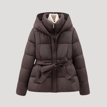 Women’s winter puffer jacket with hood and belt