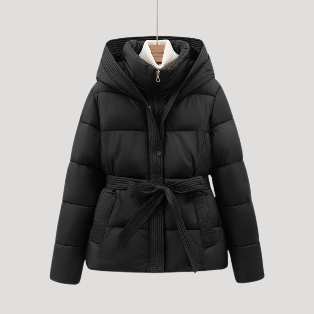 Women’s winter puffer jacket with hood and belt