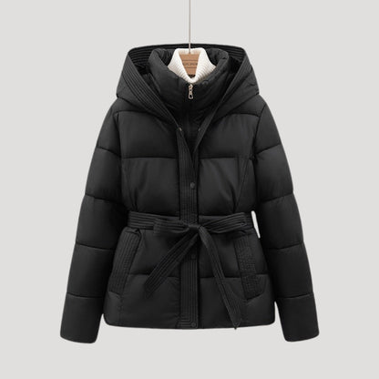 Women’s winter puffer jacket with hood and belt
