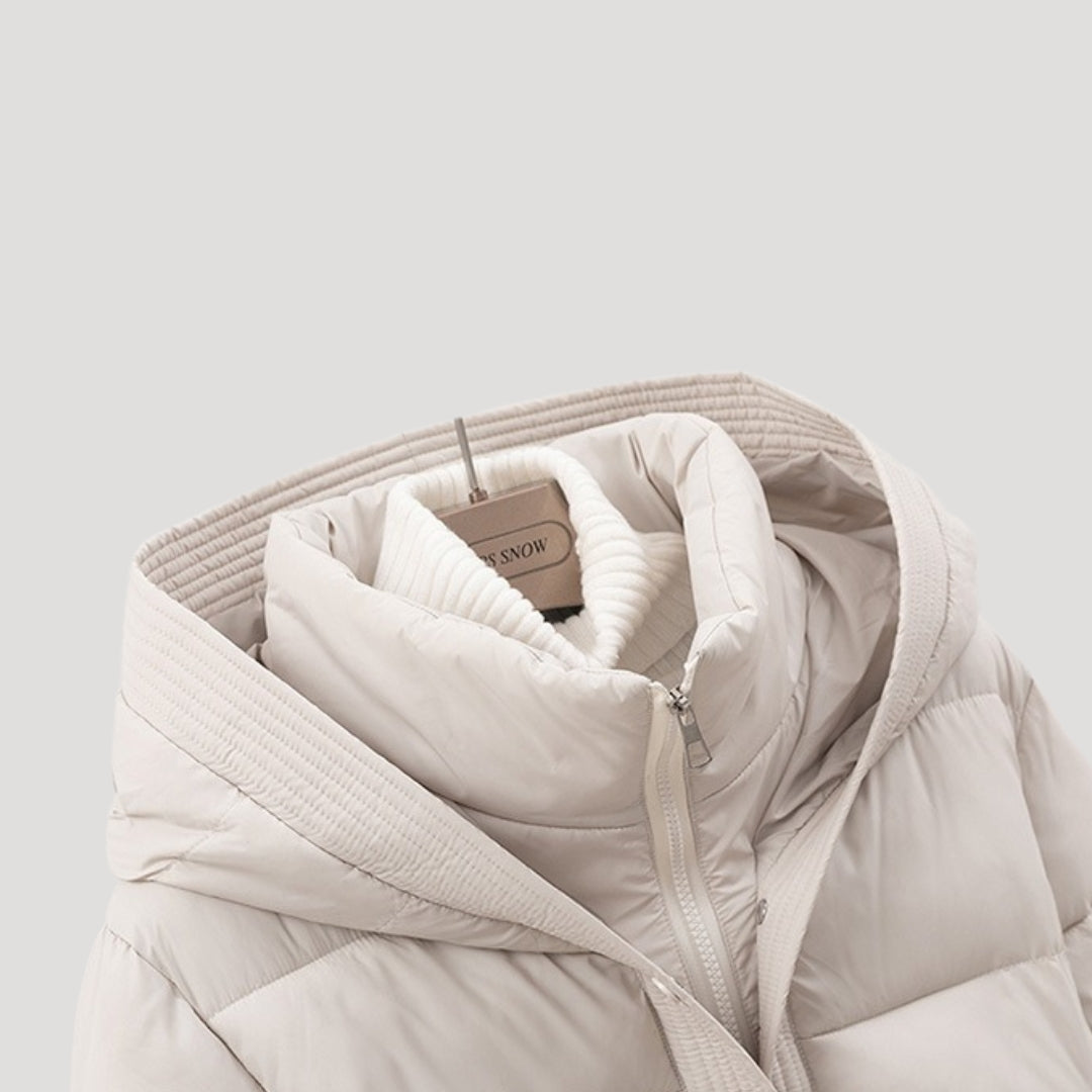 Women’s winter puffer jacket with hood and belt