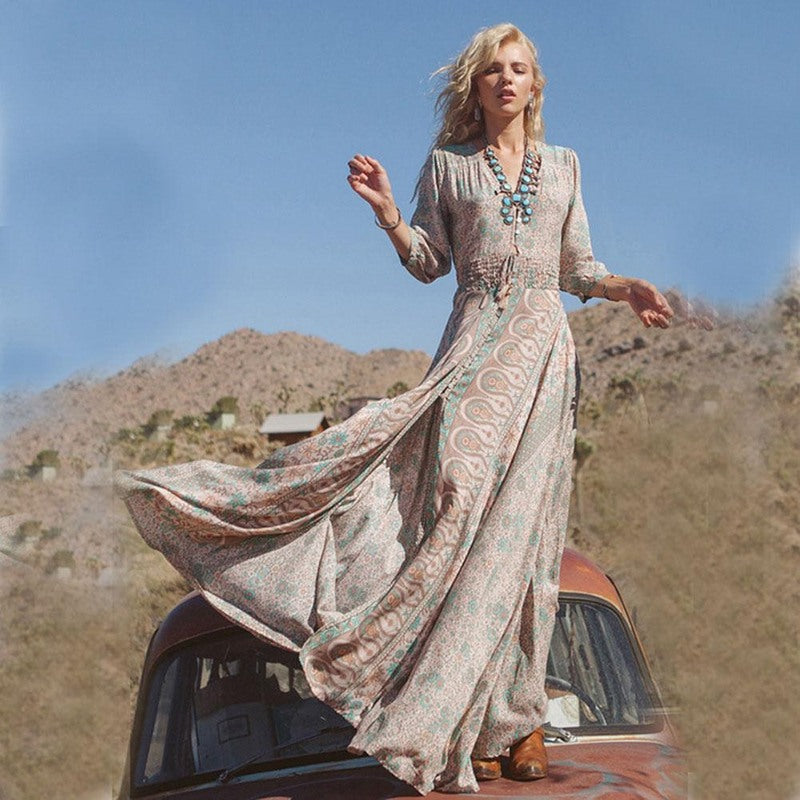 Women’s Long Sleeve Maxi Dress with V Neck and Front Slit