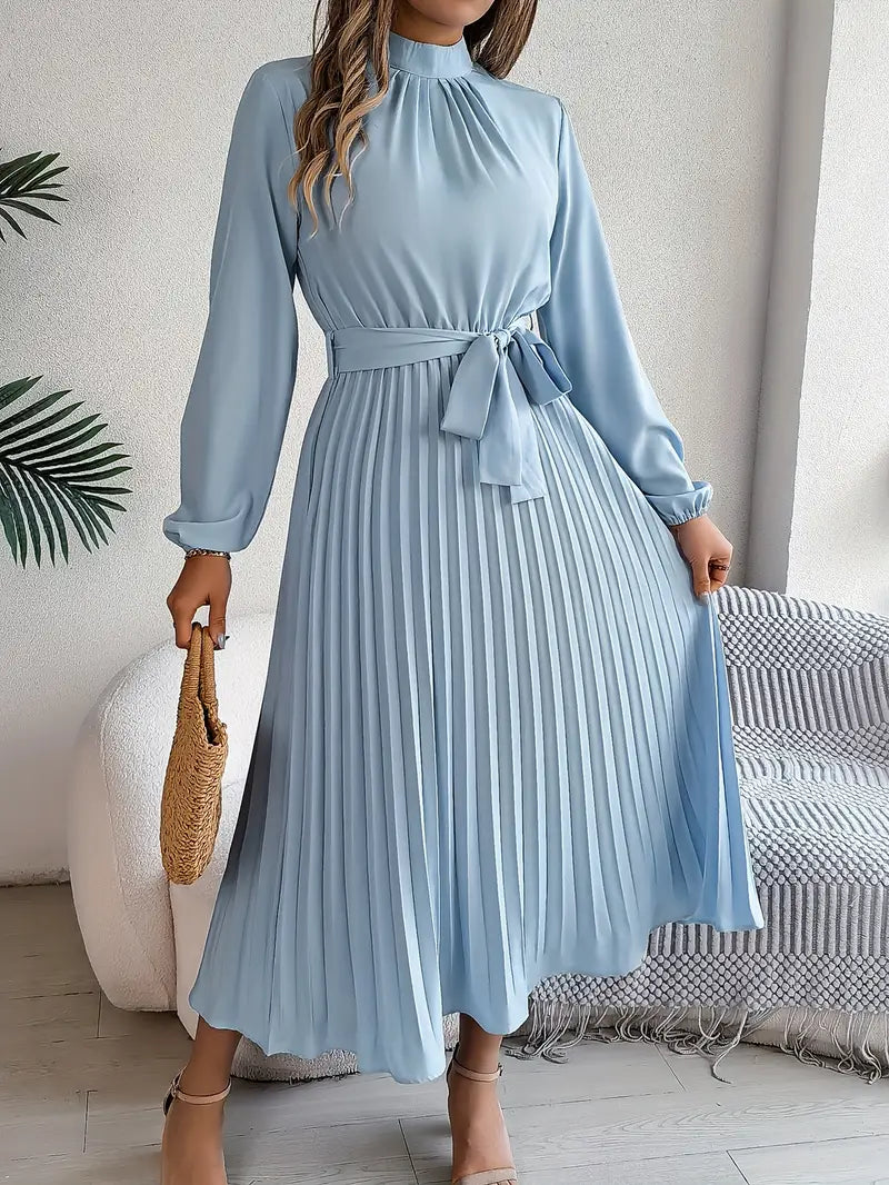 Women’s Long Sleeve Pleated Midi Dress with Belt