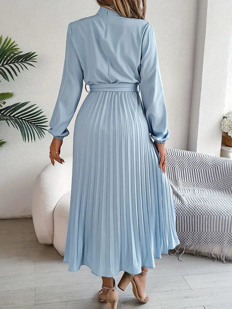 Women’s Long Sleeve Pleated Midi Dress with Belt