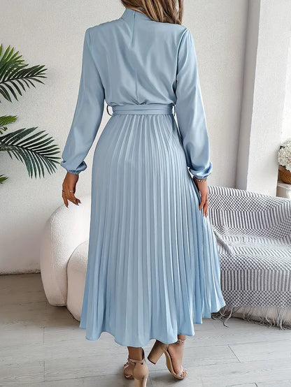 Women’s Long Sleeve Pleated Midi Dress with Belt