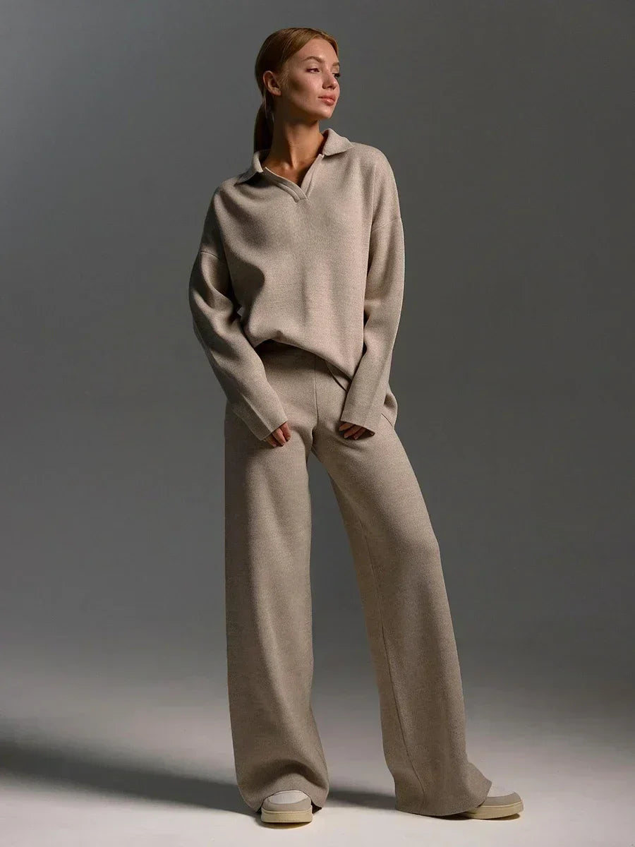 Women’s Lounge Set with Long Sleeve Top and Wide Leg Pants
