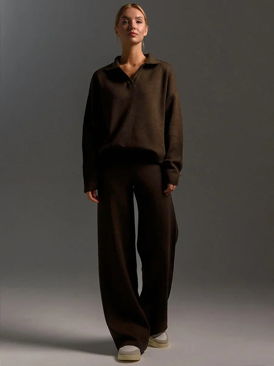 Women’s Lounge Set with Long Sleeve Top and Wide Leg Pants