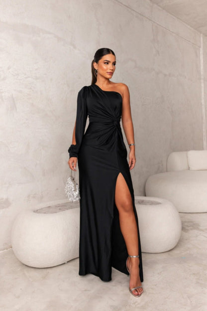 Women’s One Shoulder Satin Maxi Dress with Side Slit