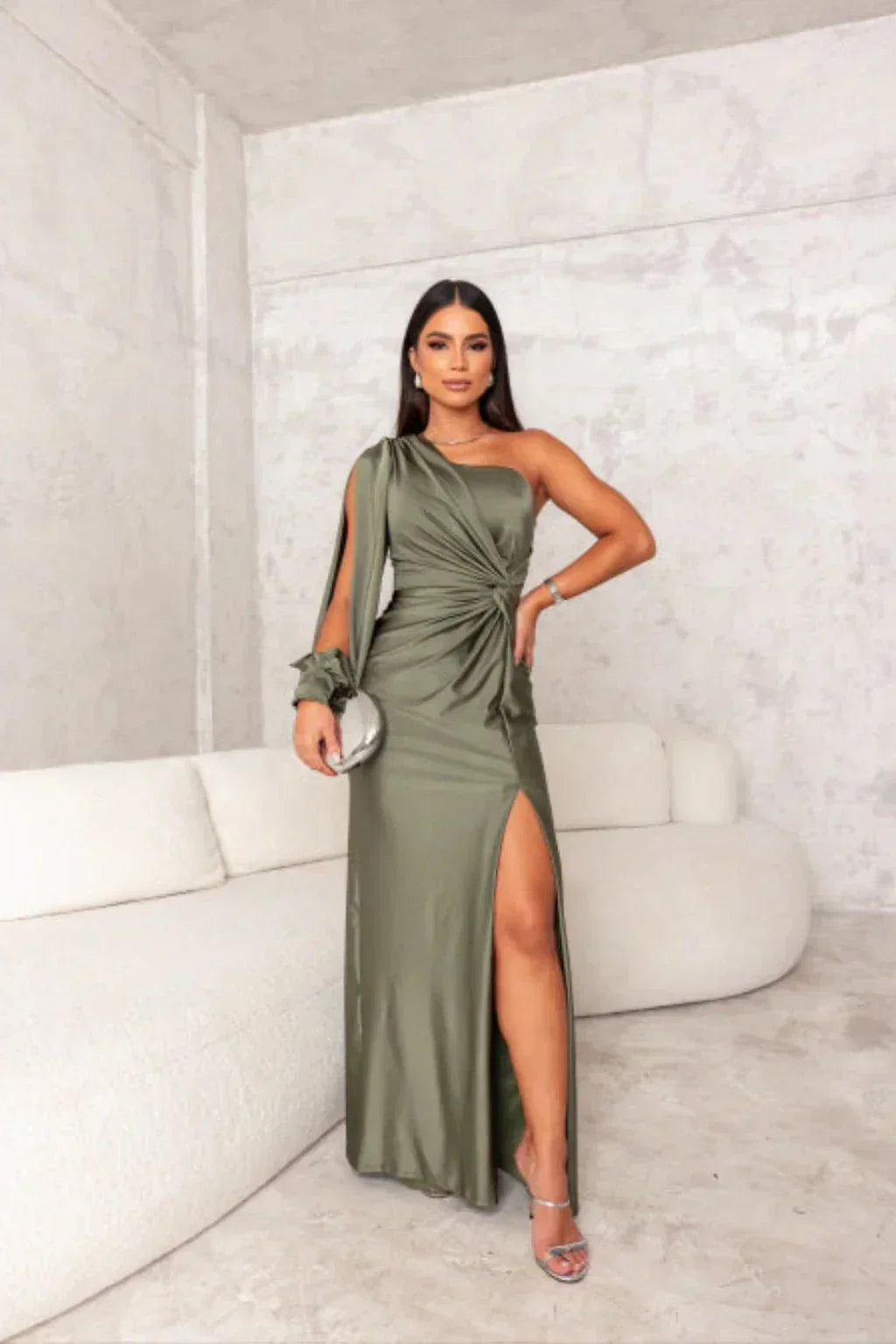 Women’s One Shoulder Satin Maxi Dress with Side Slit