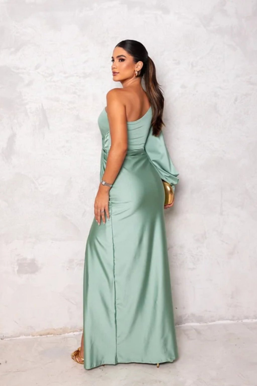 Women’s One Shoulder Satin Maxi Dress with Side Slit