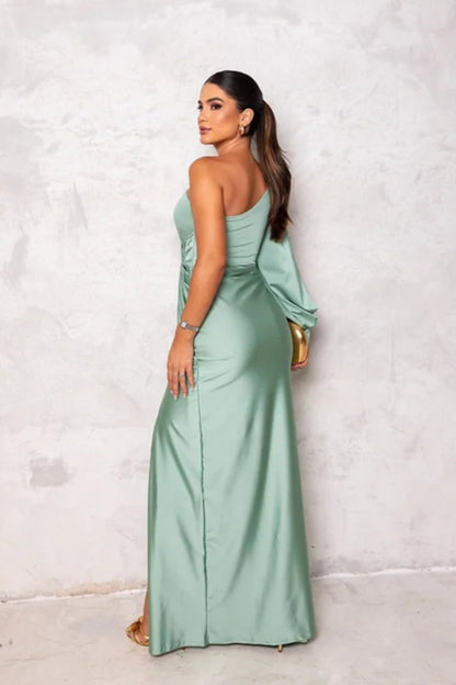 Women’s One Shoulder Satin Maxi Dress with Side Slit