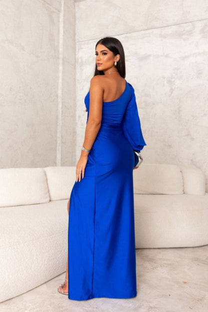 Women’s One Shoulder Satin Maxi Dress with Side Slit