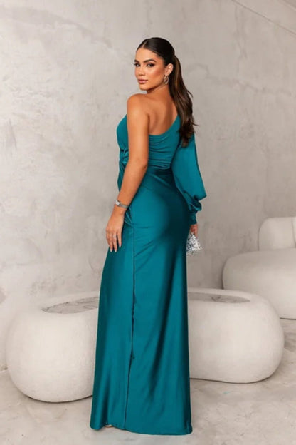 Women’s One Shoulder Satin Maxi Dress with Side Slit