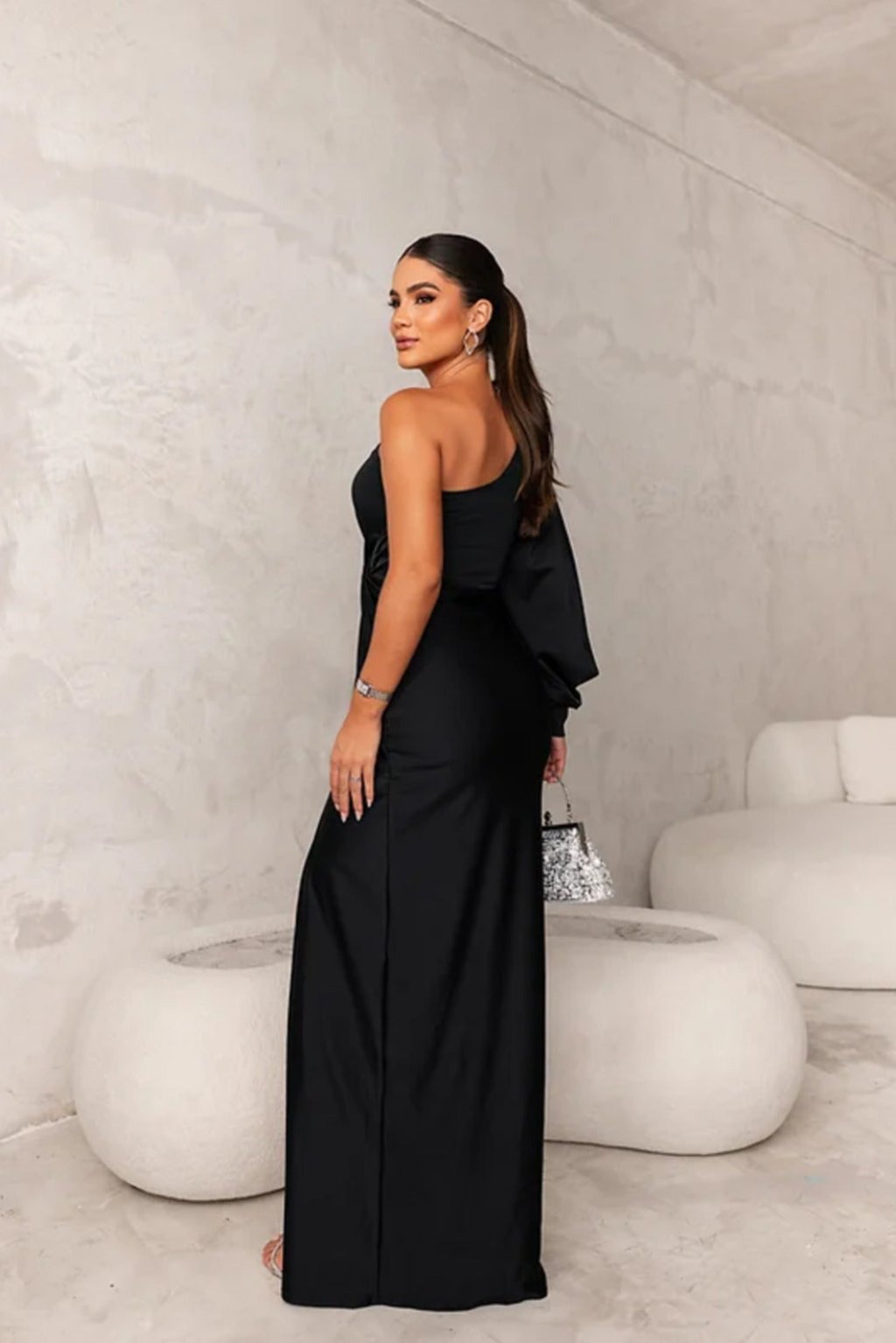 Women’s One Shoulder Satin Maxi Dress with Side Slit