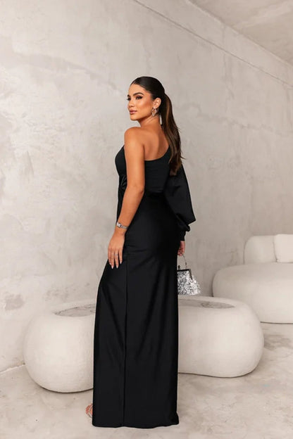Women’s One Shoulder Satin Maxi Dress with Side Slit